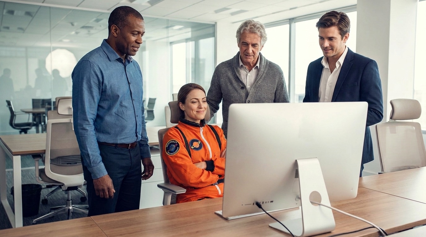 An Aitronaut adviser in a mission flight suit working alongside a client team at a screen.